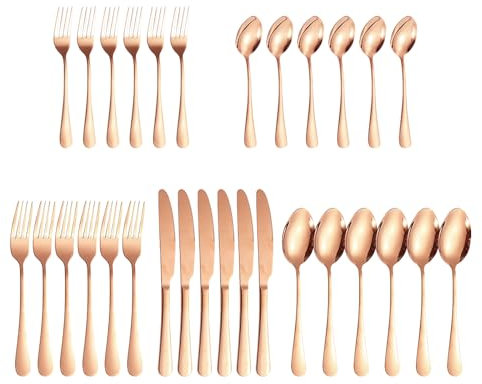 Cutlery Set with Knife Fork Spoon, 30-Piece Stainless Steel Cutlery Set in Rose Gold, Stainless Steel Kitchen Utensils Set for 6 People, Cutlery for Home/Party/Restaurant, Dishwasher Safe