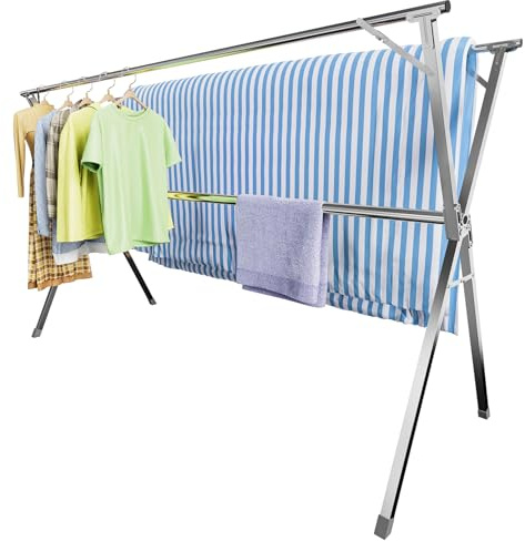 Unkqan Clothes Drying Rack,Heavy Duty Stainless Steel Garment Rack,Adjustable and Foldable Laundry Drying Rack for Indoor Outdoor Drying Rack Clothing with 20 Windproof Hooks (Silver, 79)