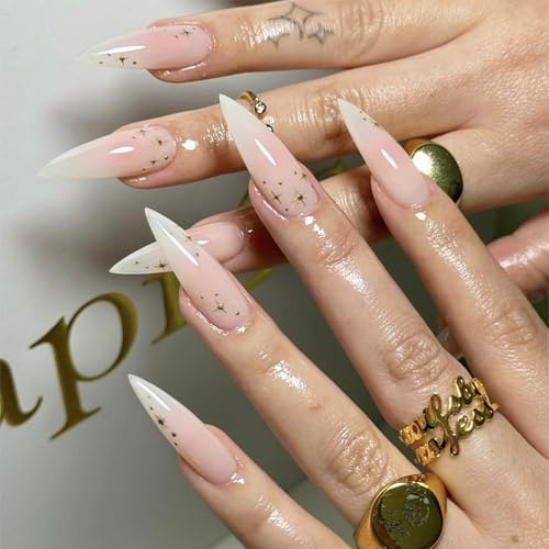 NICENEEDED 24 Stück Lange Stiletto-Kunstnägel, Mandelform Pink Ombre Nägel mit goldenen Sternen, Wiederverwendbare Vollcover-Kunstnägel für DIY-Maniküre und Nageldekoration