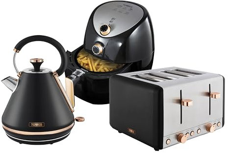 Tower Cavaletto Kitchen Set, 1.7L Pyramid Kettle & 4 Slice Toaster & 4.3L Air Fryer, Black & Rose Gold, T17021RG, T10044RG, T20051RG