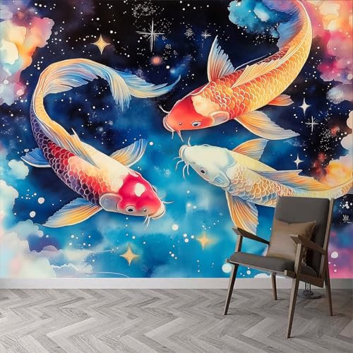Photo Wallpaper Watercolor Fish Stars Murals, 300 x 210 cm (W x H) Wall Mural Photo Wallpaper, Cosmic Stars Wallpaper Mural Wall Art for Living Room Bedroom Children's Room Corridor