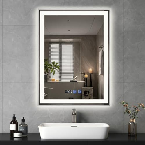 YU YUSING Espejo Baño con Luz LED Regulable, 60x80cm, Espejo de Pared 3 Colores, Marco Metal, Espejos de Baño con Interruptor Táctil, Antivaho, Visualización Tiempo, IP44, Vertical, Plata