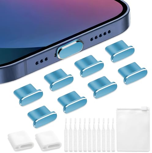 VEINARDYL 8 pcs Dust Plug for iPhone, USB C Charging Port Protector Cap with 10 Cleaning Brush, Headphone Jack Dust Plug Charger Cover compatible with iPhone 15/16 Plus Pro Max iPad 10th - Light Blue