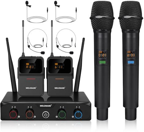 MELONARE Système de microphone sans fil à 4 canaux, ensemble de microphone sans fil UHF avec fréquences 4 x 10, 200 pieds, 2 microphones dynamiques à main, 2 packs carrosserie et microphones de