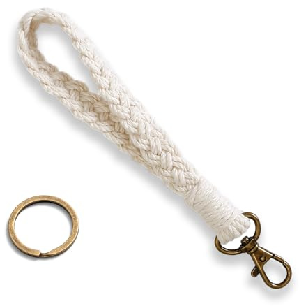 Schlüsselanhänger Schlüsselband Kurz Geflochten Lanyard Weiß | Baumwollschnur im Makramee-Stil mit Schlüsselring, Länge: 14 cm. Ideal zum Befestigen von Schlüssel Kleinen Zubehör