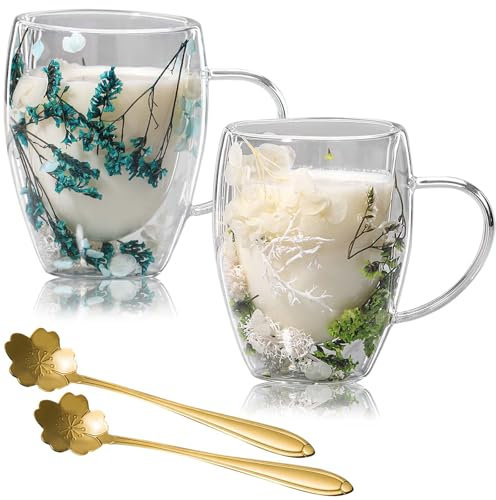 2 Stück Latte Macchiato Gläser Mit Trockenblumen, 350ML Getrocknete Blumen Doppelwandige Kaffeetasse Aus Glas, Doppelwandige Gläser mit Löffel, Isolierte Kaffeetassen Mit Henkel Für Cappuccino, Tee