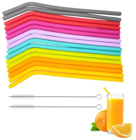 16 Pieces Reusable Silicone Straws, Bent Silicone Drinking Straws with 2 Cleaning Brushes for Kids and Adults, Long Flexible Straws for Tumblers Cup (Multicolor)(Color:Multicolour)