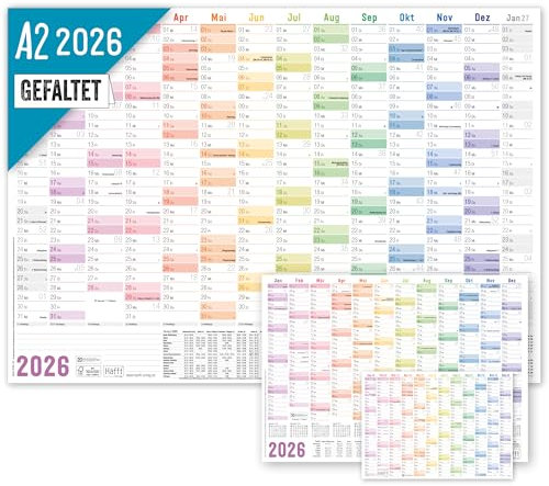 Häfft® Wandkalender 2026 A2 gefalzt (59,4 x 42 cm) Rainbow Wandplaner mit Ferien- und Feiertags-Übersicht, inkl. Gratis A3 + A4 Kalender - nachhaltig & klimafreundlich