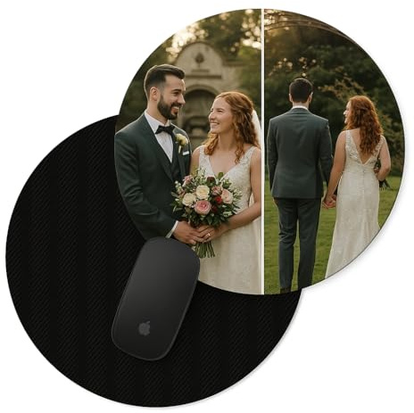 Tappetino per mouse rotondo personalizzato con collage personalizzato, base in gomma antiscivolo, bordi cuciti, superficie liscia ed ergonomica, per ufficio o gioco (collage di 2 immagini)