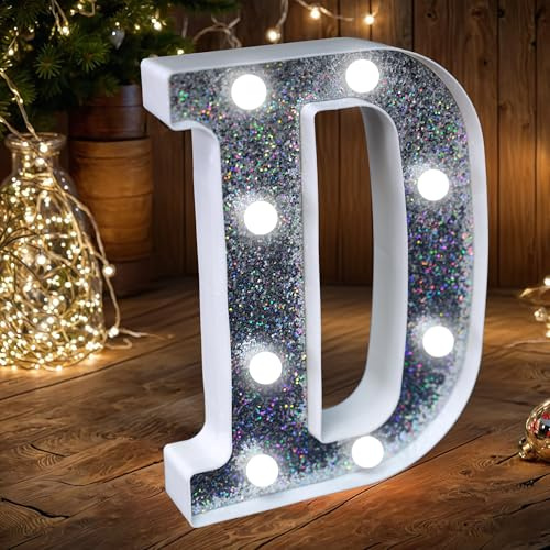 LED Marquee Letter Lights, Light Up Silver Glitter Letters Sign Battery Powered Night Light for Birthday Party Wedding Home Decoration Baby Shower-D