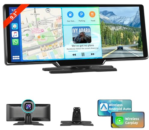 Motorsi 9.3 Zoll Tragbares Autoradio mit Wireless A-pple Carplay Android Auto Dual Dash Cam Record Bildschirm，7-32V Touchscreen mit Sprachassistent/Bluetooth/FM Transmitter/AUX
