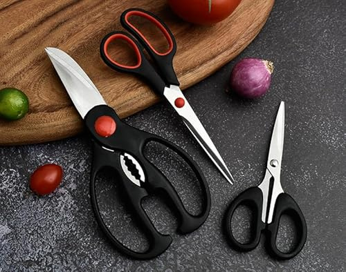 Heavy Duty Multifunctional Kitchen Scissors Set Sharp Stainless Steel Blades, Soft Ergonomic Handles, Versatile for Kitchen, Garden, Office and Poultry Shears, Meat Scissors, Dishwasher Safe, 3PCs