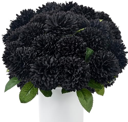 SITUMEIZI 12 Pcs Black Artificial Chrysanthemums Flowers Ball Flower Fake Mums Silk for Halloween Thanksgiving Day Fall Wedding Home Decoration Floral Arrangement