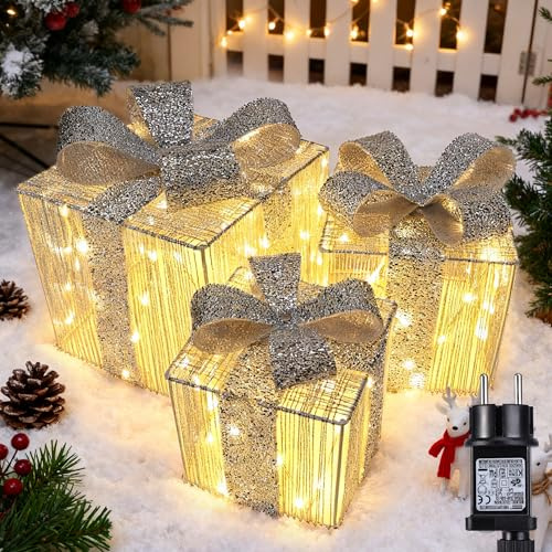 iBaycon Weihnachtsbeleuchtung Beleuchtete Geschenkboxen Warmweiß Silber | 140 LED Lichterkette Außen Weihnachten,Timer Geschenkboxen Weihnachtsdeko Weihnachtsbeleuchtung Außen Garten Hof,3 Stück
