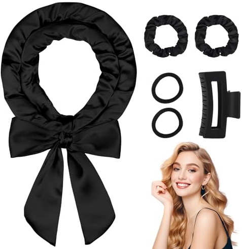 AIIQESBT Lot de 6 bigoudis sans chaleur en satin avec pompon et clip, sommeil doux dans un bandeau fin non chauffé pour boucles ondulées Noir 177,8 cm