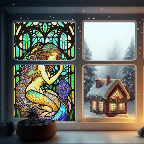 Fensterfolie Blickdicht 60x120cm Meerjungfrau Fensterfolie Sichtschutz von Aussen,Sichtschutzfolie Fenster Anti-Uv,Selbstklebend Statische Folie, Dekofolie für Wohnzimmer Küche Büro
