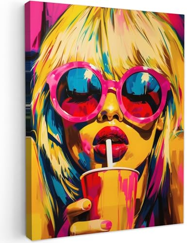 MuchoWow© Quadro Su Tela 60x80 cm Grandi Dimensioni Quadri Moderni Soggiorno Stampa Di Foto Decorazione Camera Letto Da Parete Con Cornice Dipinti Occhiali Da Sole - Donna - Rosa - Cannuccia