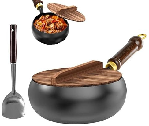 2025 Unbeschichtete Eisenpfanne,Japanische handgeschmiedeter Antihaftpfanne,Anti-Verbrennungs-Kochpfanne mit langanhaltender Eisenverarbeitung, Gas/Induktionsherde (Holzdeckel+Pfannenwender, 24cm)