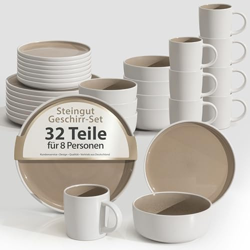 Hausfelder Steingut Geschirrset 8 Personen, 32-teilig, Shadow Stone | Tafelservice mit Tellern, Schalen und Bechern, modern, spülmaschinenfest, Farbe Shadow Stone