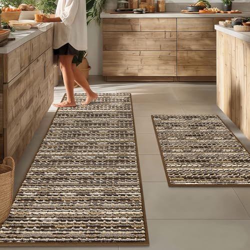 Kitchen Rugs Sets of 2-Non Slip Kitchen Mats for Floor-Thick Stain Resistant Vintage Kitchen Floor Mat Runner Carpet for Hallways Entryway Laundry Room Washable（Brown 22x59+20x32）