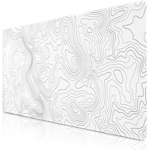 Zindoo Gaming Mauspad XXL 900 × 400 mm Weiß Topografisches Linienmuster | Schreibtischunterlage mit Rutschfester Gummibasis, Vernähten Kanten und Präziser Stoffoberfläche für Gaming & Home Office