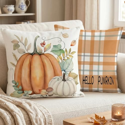 Luzzxfa 2er Set Erntedankfest Kissenbezug 40x40 cm Kürbisse Herbst Kissenbezüge Orange Blätter Sofakissen Samt Kissenhülle Dekorative Kissen für Garten Parteien Wohnzimmer Bett Studie