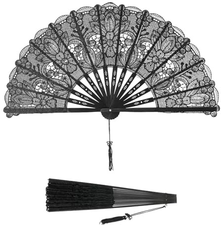 Fächer Schwarz Vintage Faltbar Aus Spitze & Bambus, Handfächer Hochzeit Brautfächer Für Damen Abschlussball Fasching Party, Foto Requisiten Wanddekoration (Schwarz)