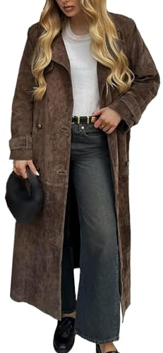 Trench lungo in finta pelle scamosciata da donna Cappotto doppio petto con risvolto dentellato Giacca in pelle scamosciata marrone con cintura (Marrone,L)