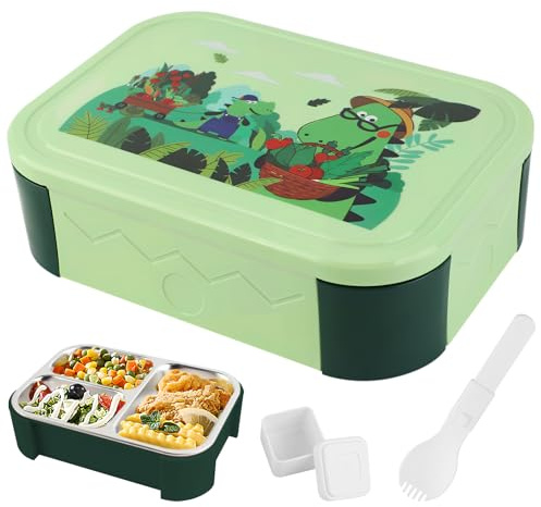 Lvjkes Fiambrera infantil con 3 compartimentos, 304 Fiambrera acero inoxidable infantil, 800 ml, Con cubiertos y recipiente para salsas, Para microondas y lavavajillas, Sin BPA (Dinosaurio, Verde)