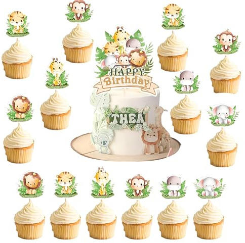 PYEUIFT Decoracion Tartas Cumpleaños 25 Adornos Tarta Animales Selva Safari, Cake Topper, Cupcake Topper, Figurines Tarta für Cumpleaños Niños Niñas Fiesta Infantiles