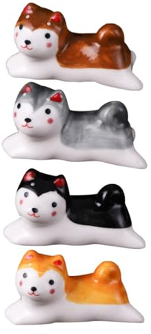 DEARMAMY Lot de 4 Repose-Baguettes en Céramique Shiba Inu Support de Baguettes et Cuillères Design Cartoon Petite Taille Couleurs Noir Jaune Gris et Beige Décoration de Table