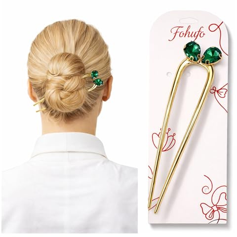 Fohufo French Hair Pin for Women - Elegant Gold Hair Accessories for Women, U Shaped Metal Hair pins for Thick Hair, French Twist Hair Pin for Buns and Updos, Emerald Green May Birthstone