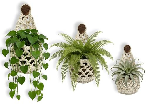 Allbestaye 3-Pack Macrame Wall Hanging Plant Hangers for 4-6 Pots | Includes 5 Hooks, Handmade Cotton Space-Saving Planter Baskets, Boho Wall Decor For Living Room, Kitchen & Bathroom Plants