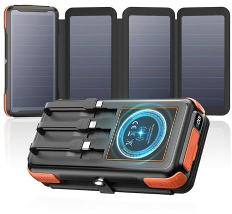 A ADDTOP Solar Power Bank, 16000mAh Wireless PowerBank mit 3 Kabelns | 20W Schnellladefunktion Solar Ladegerät mit 4 Solar Panels, PD QC 3.0 USB C Externe Handyakkus mit Taschenlampen für Outdoor