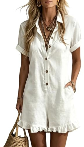 Générique Combinaison Femme Col Chemise Manches Courtes Été, Combinaisons Et Combishorts Femme Boutonnée Volants Avec Poches Décontracté Confortable Quotidien Salopette Romper Jumpsuit
