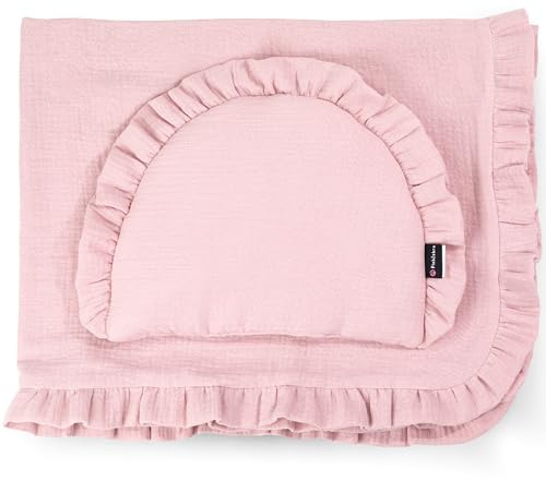 PinkZebra Musselin-Bettwäsche mit Rüschen, hochwertiges Bettenset: weiches Flachkissen + 4-lagige Decke aus 100% Bio-Baumwolle, GOTS-zertifizierte Bio-Musselin, Kuscheldecke, Schlafdecke, Pink