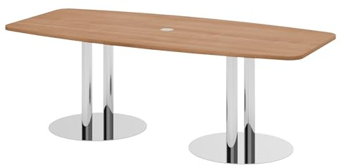 Bümö Konferenztisch oval 220x103 cm großer Besprechungstisch in Nuss, Besprechungstisch mit Chromsäulen, Meetingtisch für 8 Personen, XXL-Tisch für Besprechungsraum & Meeting