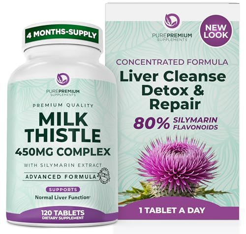 PurePremium Milk Thistle Supplement – Liver Cleanse Detox & Repair, 80% Silymarin Standardized Extract – 450mg Complex Supports Normal Liver Function – Non-GMO, Gluten-Free - 120 Supply