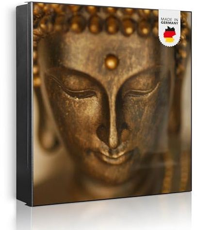 banjado Großer Schlüsselkasten Metall - Schlüsselbox 30x30cm beschreibbarer mit 32 Haken - Schlüsselkasten modern für Schlüsselaufbewahrung - Korpus Schwarz Scharnier Rechts - Motiv Buddha Gold