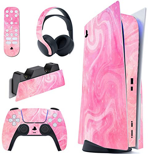 PlayVital Psychedelic Pink Full Set Skin Decal for ps5 Console Disc Edition,Sticker Vinyl Decal Cover for ps5 Controller & Charging Station & Headset & Media Remote