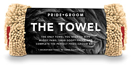 PRIDE AND GROOM The Towel – Thick, Soft, Super Absorbent Microfiber Towel for Dogs & Pets That is Quick Drying, Holds 7 Times its Weight in Water and Has Dual Pockets for Your Hands