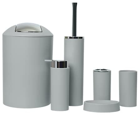 GMMH – Set di 6 accessori da bagno, con dispenser per sapone, porta saponetta e scopino per WC (modello 2a, grigio chiaro)