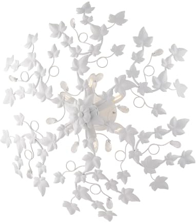 Plafoniera Shabby Edera 6 Luci Ferro Battuto Bianco Con Foglie E Cristalli