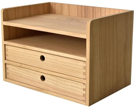 KIRIGEN Wooden Desk Organiser with 2 Drawers and Shelf, Natural | Wooden unit; 2 drawers and open shelf; for papers, stationery, files, make-up, craft tools and small accessories