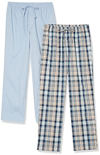 Amazon Essentials Pantalones de Pijama Largos de Popelina de Algodón Hombre, Pack de 2, Azul Marino Cuadros Escoceses/Azul Viejo, M