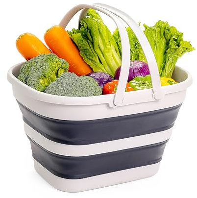 SAMMART 17L Faltbarer Korb mit Griff – Tragbarer Outdoor-Picknickkorb/Krater – Faltbare Einkaufstasche – Platzsparender Aufbewahrungsbehälter (Grau/Schiefergrau, 1)