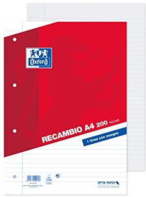 Oxford, Hojas Rayadas A4, Perforadas, 200 Hojas, Recambio Archivador