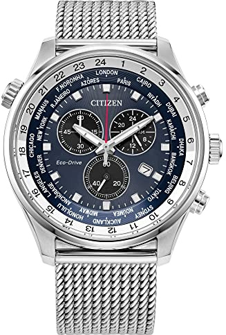 Citizen Cronografo da uomo, sportivo, di lusso, Eco-Drive, 12/24 ore, data, impermeabile fino a 100 metri, in acciaio inox, Maglia inossidabile/quadrante blu, Orologio