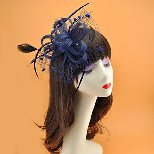 Damen Elegant Federn Haar Clips Hut Patei Kopfschmuck Süße Fascinator Damen Mesh Kopfschmuck Garn Braut Haarschmuck Für Party Kirche Hochzeit (Dunkelblau)