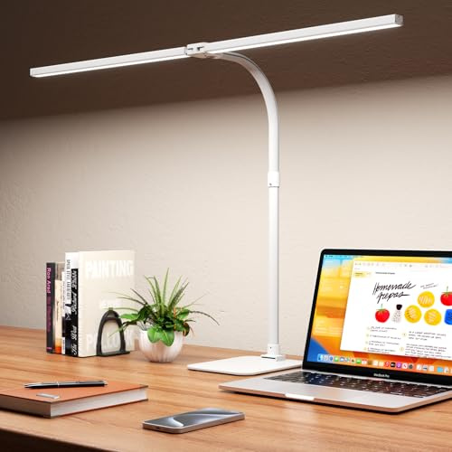 Kaulsoue Schreibtischlampe Led Dimmbar,Doppelkopf Schreibtischlampen with Base,24W 80cm 1500Lumen Tischlamp,Augenpflege 5 Farbe 5 Helligkeit,mit Tischplatte,Arbeit,Haus,Büro weiß
